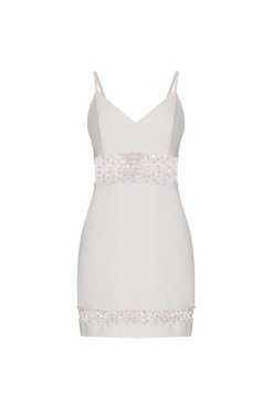 VESTIDO CURTO RECORTES BORDADO CREPE JOYFUL OFF WHITE