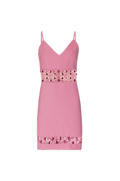 VESTIDO CURTO RECORTES BORDADO CREPE JOYFUL ROSA