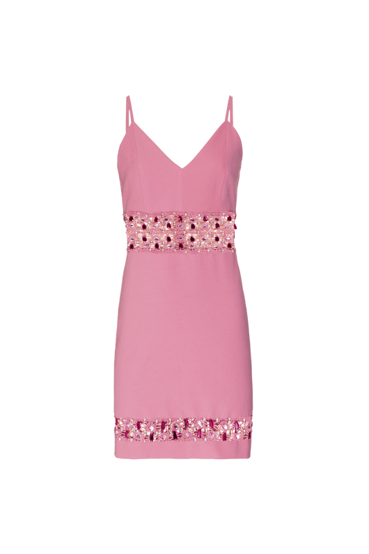 VESTIDO CURTO RECORTES BORDADO CREPE JOYFUL ROSA