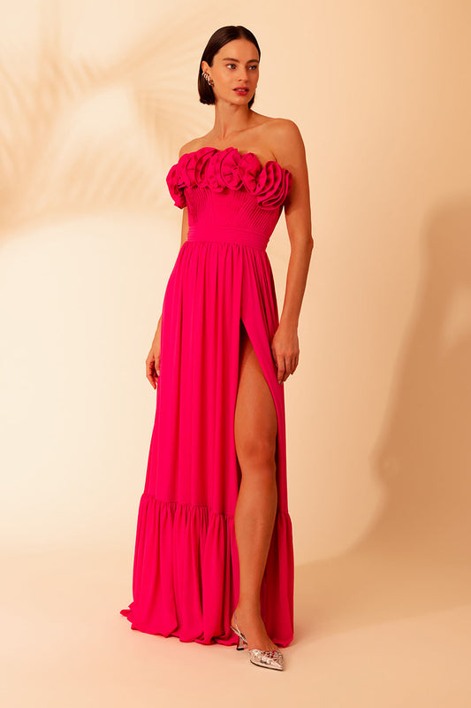 VESTIDO LONGO BABADOS CREPE GRACE ROSA