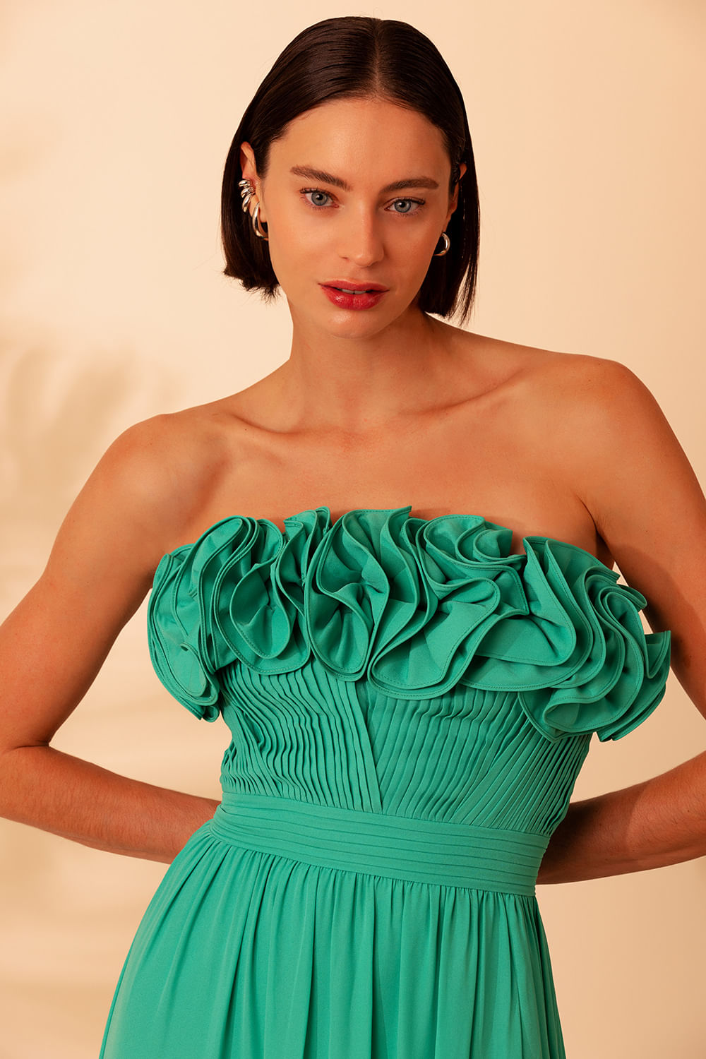 VESTIDO LONGO BABADOS CREPE GRACE AZUL