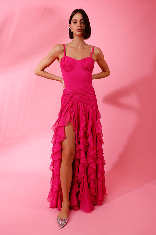 VESTIDO LONGO BABADOS SILKY MODERN LIGHT PINK