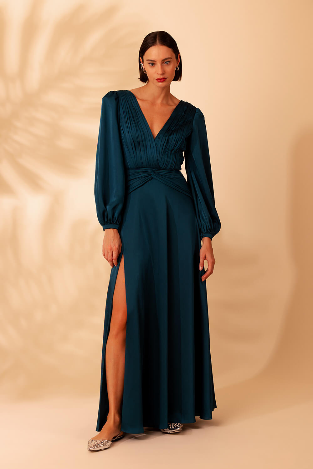 VESTIDO LONGO DRAPEADO CETIM OLD GLAM VERDE