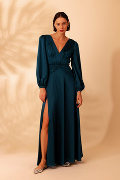 VESTIDO LONGO DRAPEADO CETIM OLD GLAM VERDE
