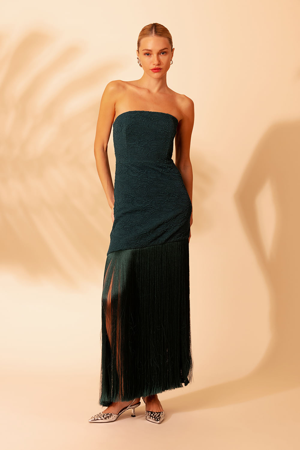 VESTIDO LONGO FRANJAS JACQUARD NOSTALGIC MEMORIES VERDE PETROLEO