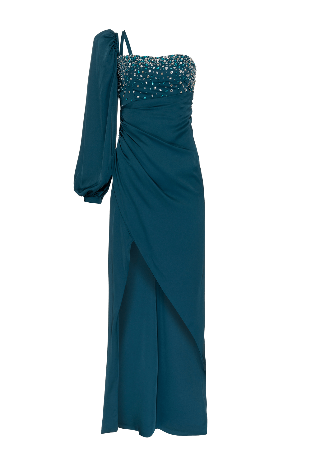 VESTIDO LONGO MANGA ÚNICA CETIM OLD GLAM VERDE