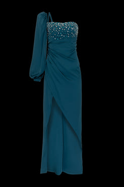 VESTIDO LONGO MANGA ÚNICA CETIM OLD GLAM VERDE