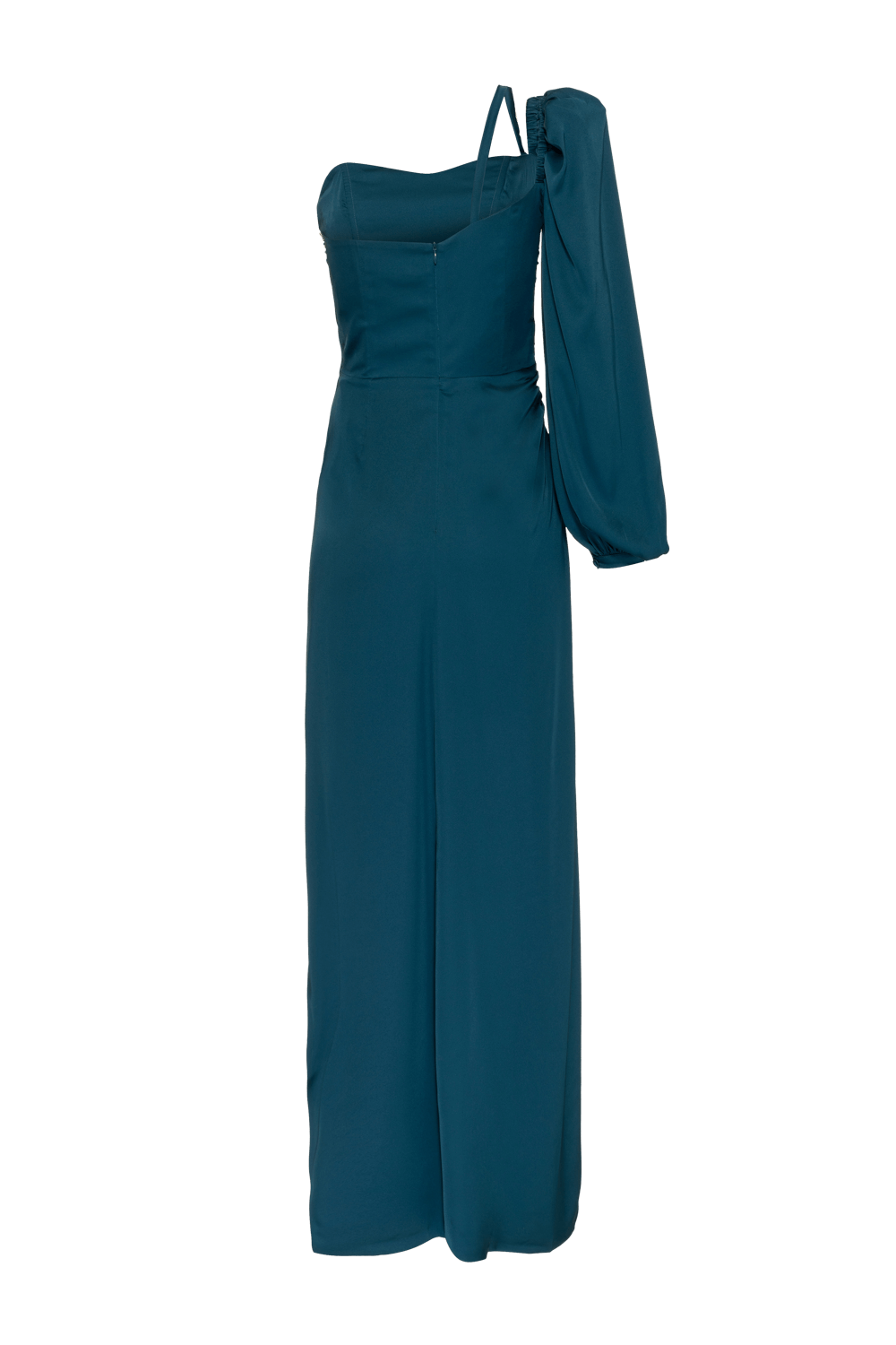 VESTIDO LONGO MANGA ÚNICA CETIM OLD GLAM VERDE
