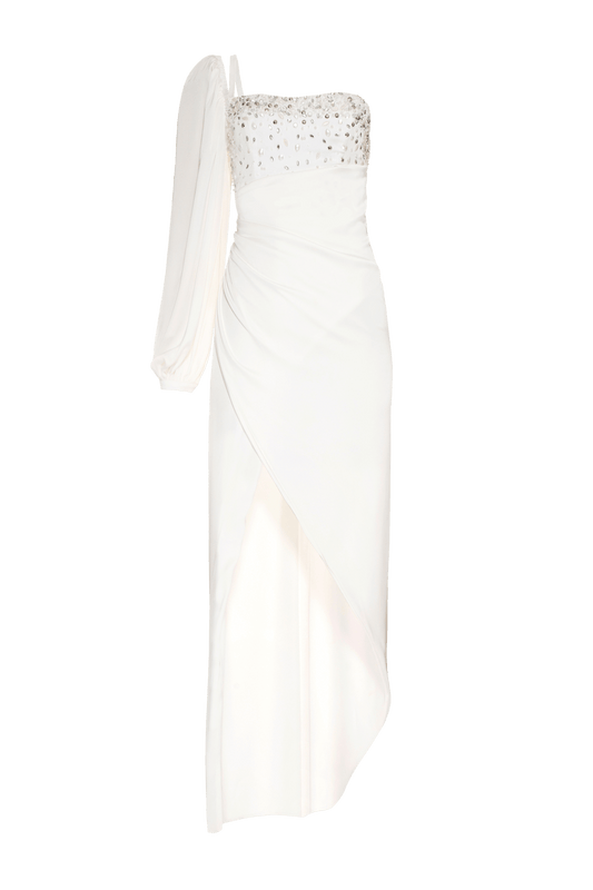VESTIDO LONGO MANGA ÚNICA CETIM OLD GLAM OFF WHITE