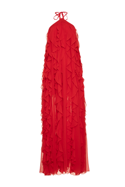 VESTIDO LONGO FRENTE ÚNICA BABADOS SILKY MODERN LIGHT VERMELHO INTENSO