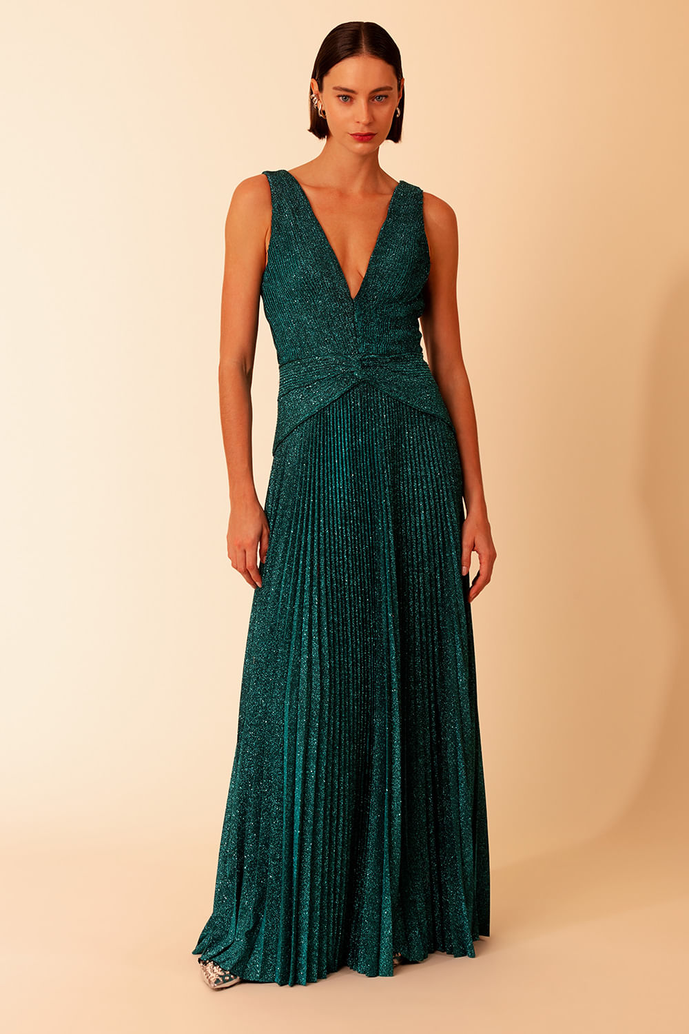 VESTIDO LONGO DRAPEADO MALHA PRETTY SHINE VERDE