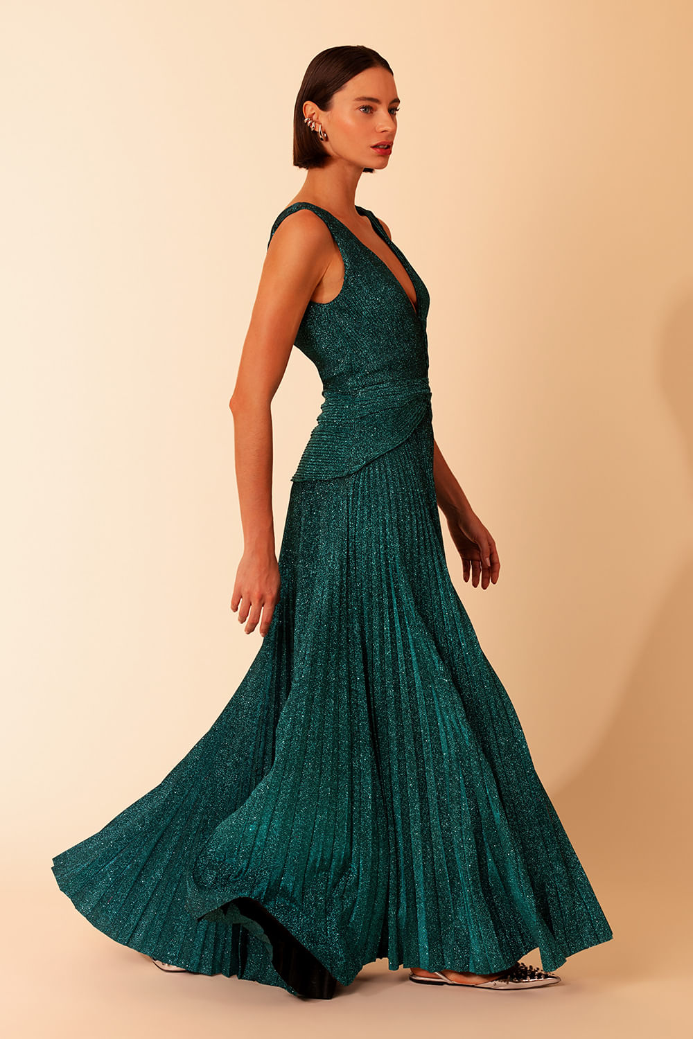VESTIDO LONGO DRAPEADO MALHA PRETTY SHINE VERDE