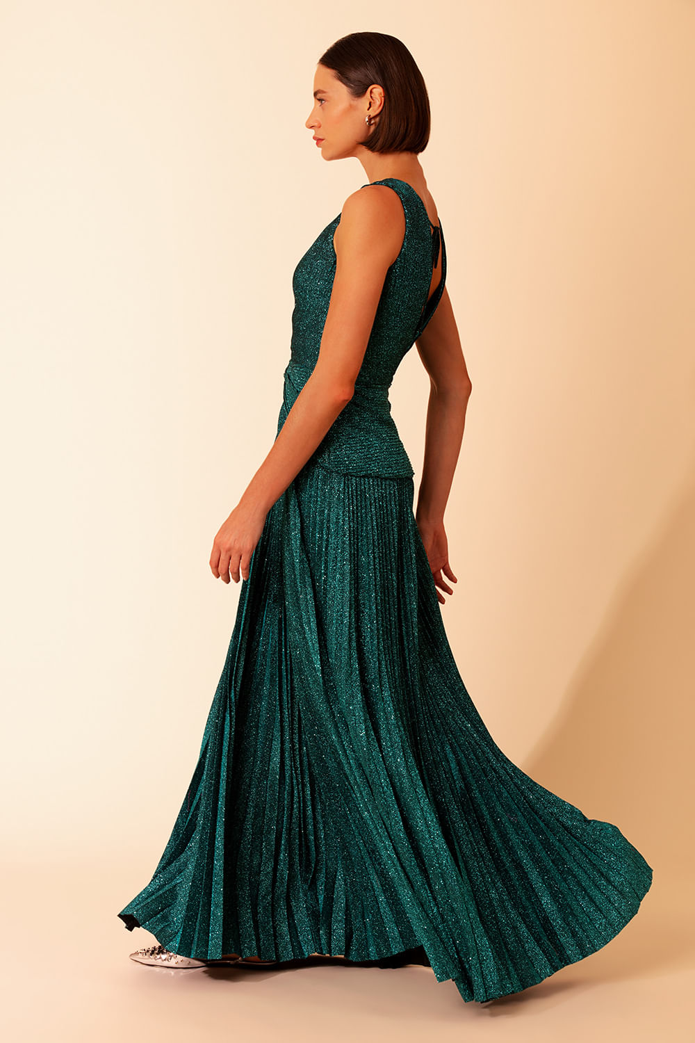 VESTIDO LONGO DRAPEADO MALHA PRETTY SHINE VERDE