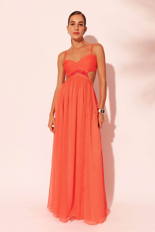 VESTIDO LONGO ENTREMEIOS SILKY RESORT PESSEGO