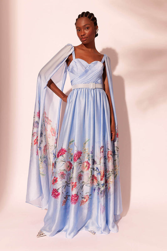 Vestido longo manga removível cetim floral murakami azul
