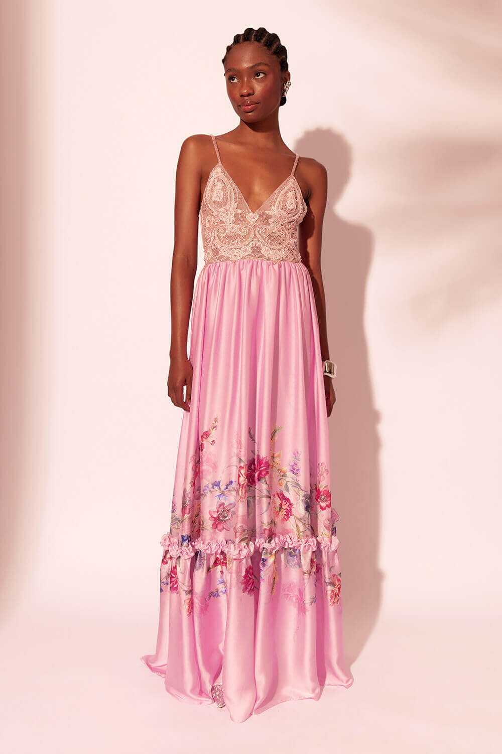 VESTIDO LONGO BORDADO CETIM FLORAL MURAKAMI ROSA
