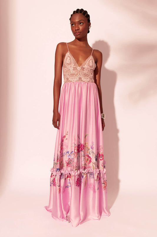 VESTIDO LONGO BORDADO CETIM FLORAL MURAKAMI ROSA