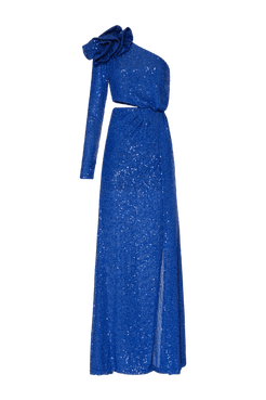 VESTIDO LONGO OMBRO ÚNICO PAETÊ ROYAL AZUL