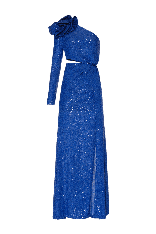 VESTIDO LONGO OMBRO ÚNICO PAETÊ ROYAL AZUL