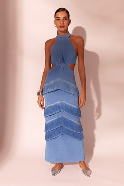 VESTIDO LONGO FENTE ÚNICA GEMINI ACQUA AZUL