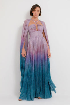 VESTIDO LONGO MANGAS LUREX MIX FUSION KOBAI AZUL