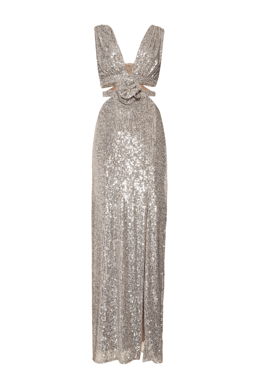 VESTIDO LONGO RECORTES FLOR PAETÊ GOLDEN STAR PRATA