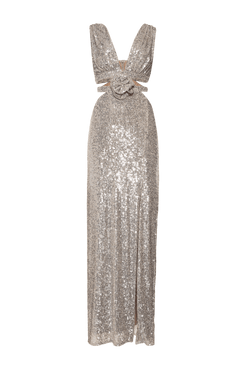 VESTIDO LONGO RECORTES FLOR PAETÊ GOLDEN STAR PRATA