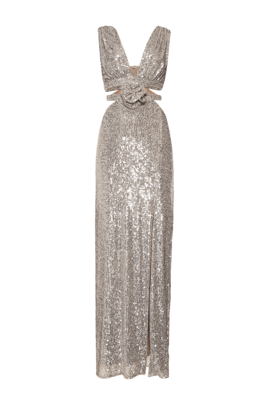 VESTIDO LONGO RECORTES FLOR PAETÊ GOLDEN STAR PRATA