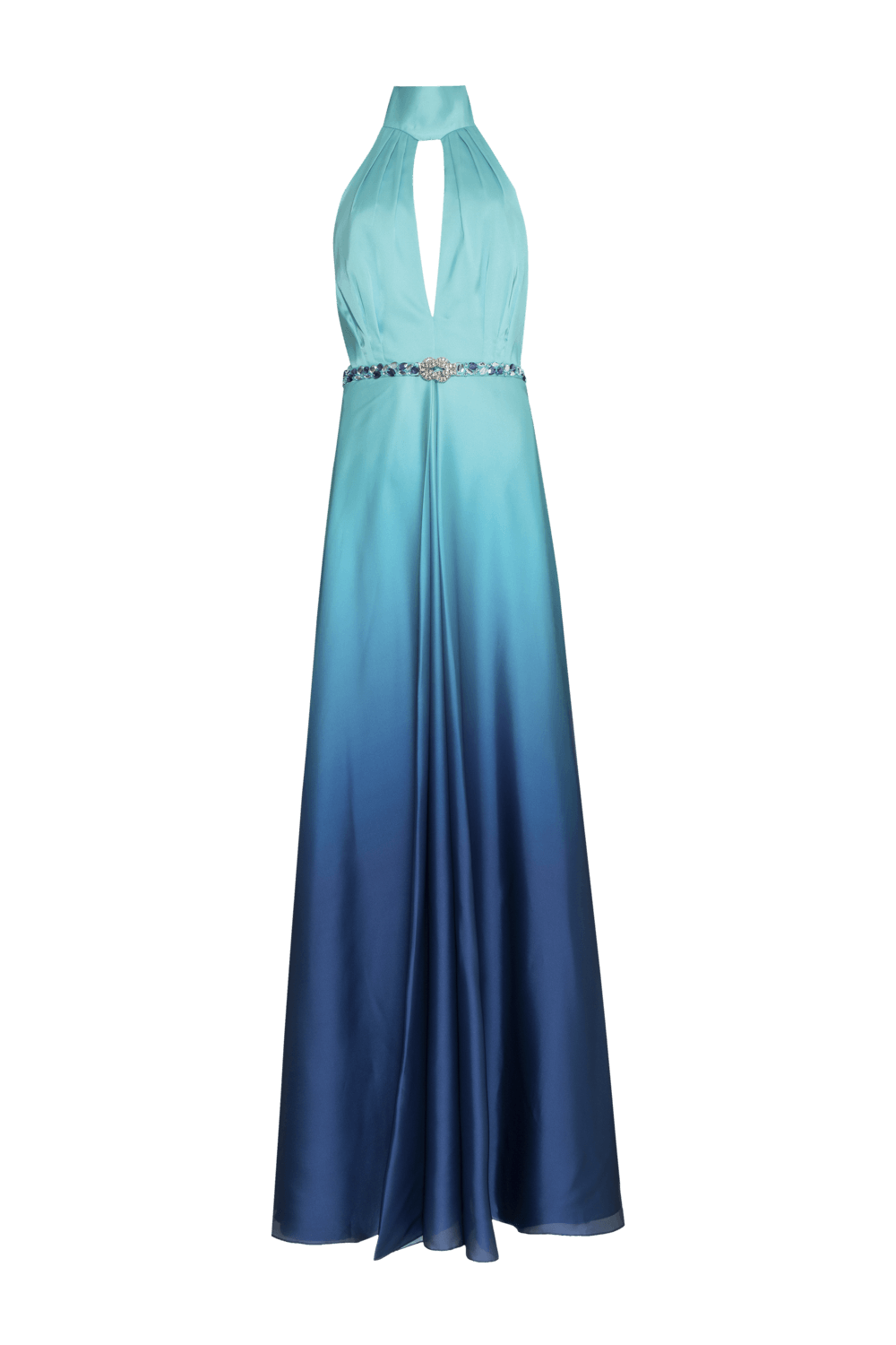 VESTIDO LONGO FRENTE ÚNICA CETIM DEGRADÊ ACQUA AZUL COM VERDE