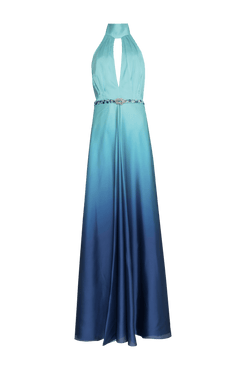 VESTIDO LONGO FRENTE ÚNICA CETIM DEGRADÊ ACQUA AZUL COM VERDE