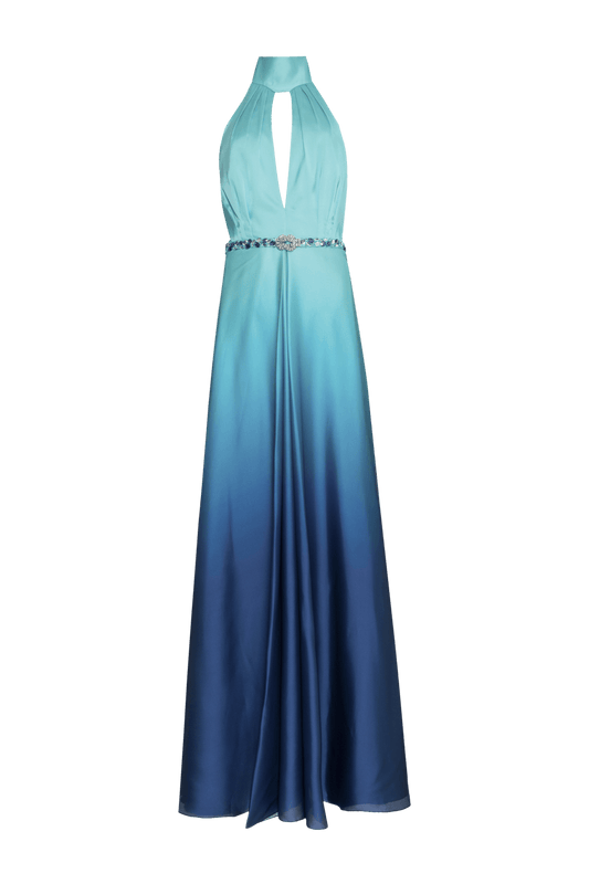 VESTIDO LONGO FRENTE ÚNICA CETIM DEGRADÊ ACQUA AZUL COM VERDE