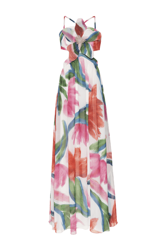 VESTIDO LONGO FLOWER CHIFFON ALEGRETTO OFF WHITE