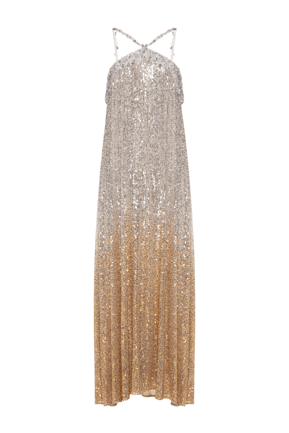 VESTIDO LONGO BORDADO PAETÊ GOLDEN STAR PRATA E DOURADO