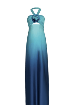 VESTIDO LONGO FRENTE ÚNICA FLOR CETIM DEGRADÊ ACQUA AZUL COM VERDE