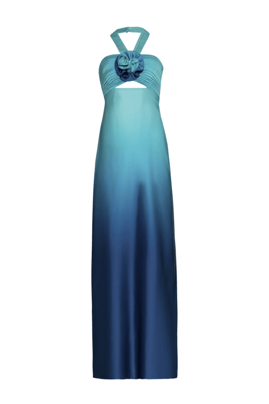 VESTIDO LONGO FRENTE ÚNICA FLOR CETIM DEGRADÊ ACQUA AZUL COM VERDE