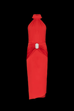 VESTIDO MÍDI PREGAS CREPE DESIRE VERMELHO