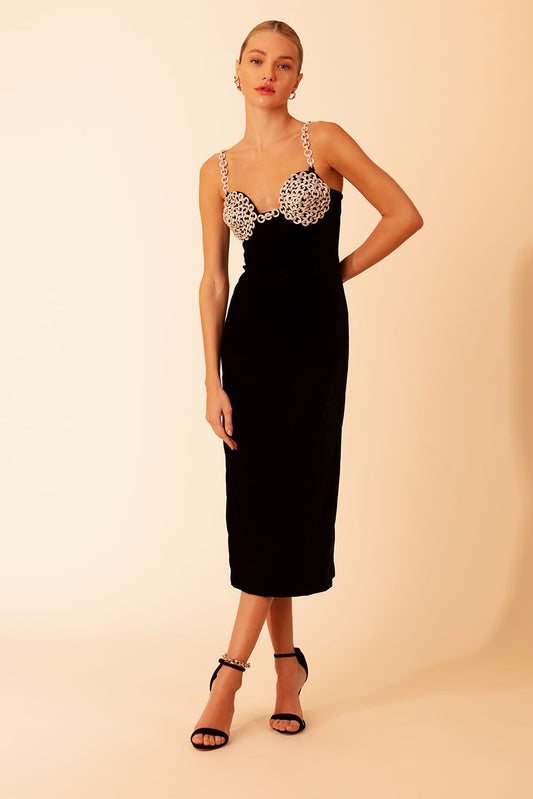 VESTIDO MÍDI FREEDOM NIGHT VELVET PRETO