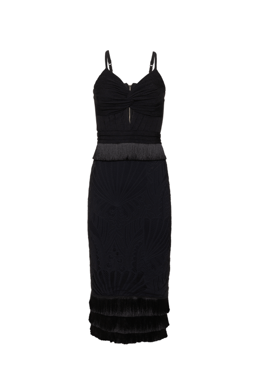 VESTIDO MÍDI FRANJA TELA GEMINI SHELL PRETO