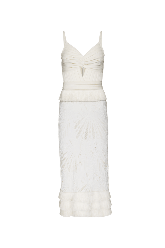 VESTIDO MÍDI FRANJA TELA GEMINI SHELL OFF WHITE
