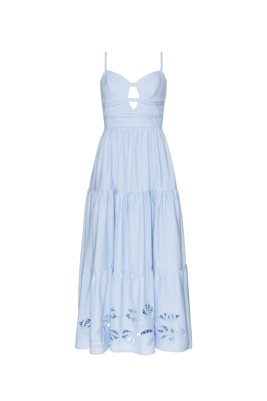 VESTIDO MÍDI RECORTES LINHO RICHELIEU URBAN AZUL
