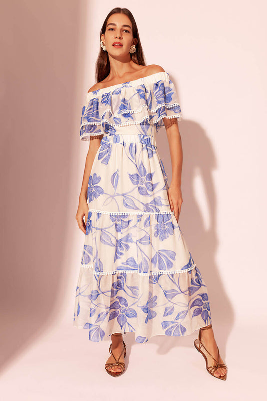 VESTIDO MÍDI BABADOS SUZY FLOWER OFF WHITE