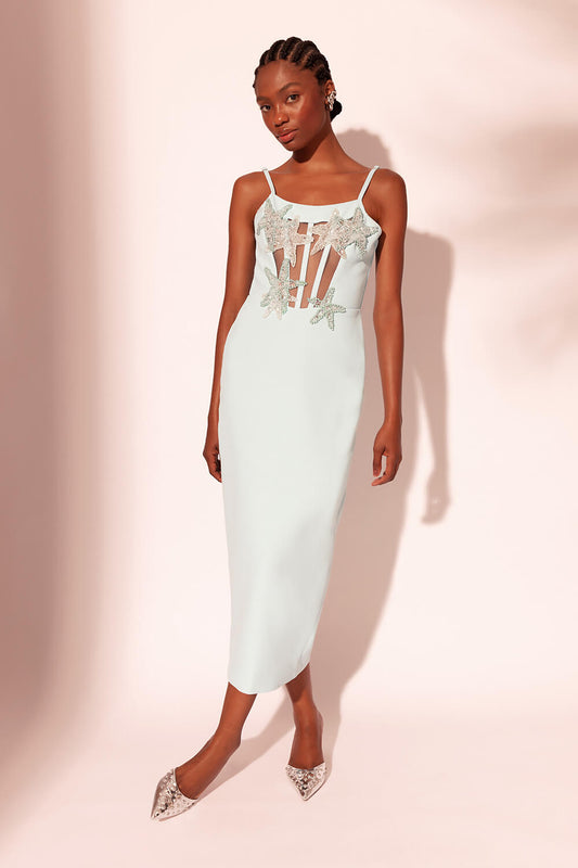 VESTIDO MÍDI BORDADO CREPE VICK AZUL AGUA