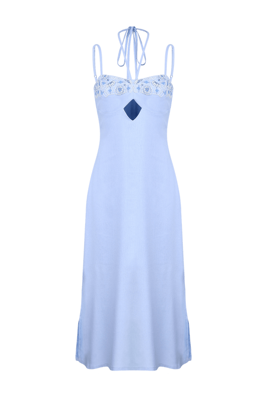 VESTIDO MÍDI BORDADO LINHO RICHELIEU URBAN AZUL CLARO
