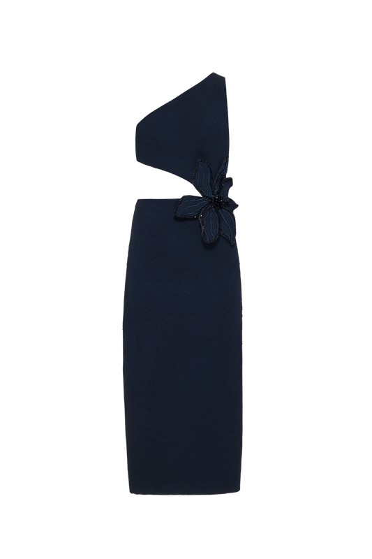 VESTIDO MÍDI OMBRO ÚNICO GEMINI ACQUA AZUL ESCURO