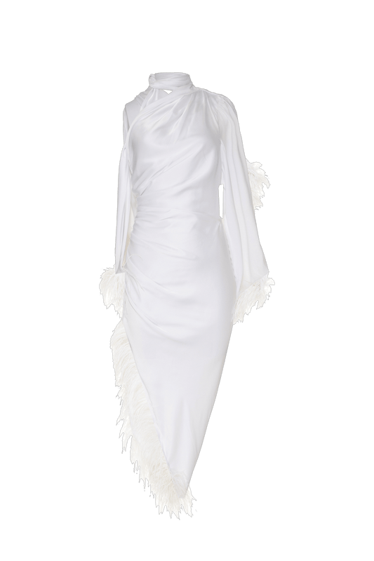 VESTIDO MÍDI PLUMAS CETIM SERENITY OFF WHITE