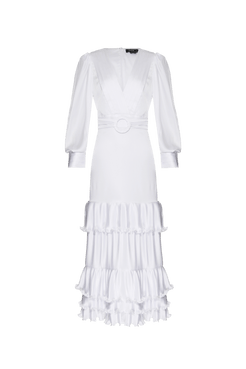 VESTIDO MÍDI BABADOS CETIM SERENITY OFF WHITE