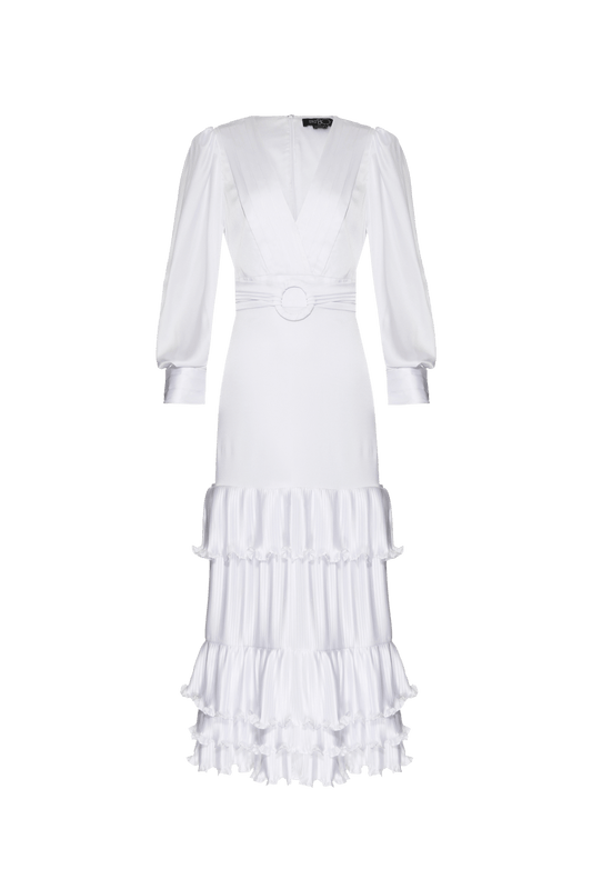 VESTIDO MÍDI BABADOS CETIM SERENITY OFF WHITE