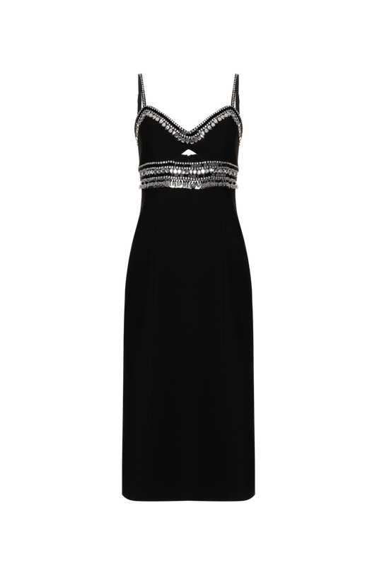 VESTIDO MÍDI BORDADO CREPE JOYFUL PRETO
