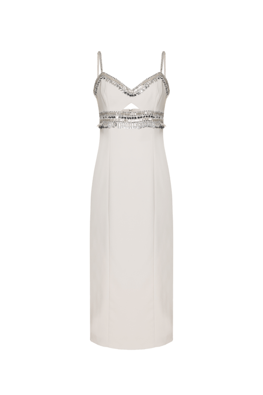 VESTIDO MÍDI BORDADO CREPE JOYFUL OFF WHITE