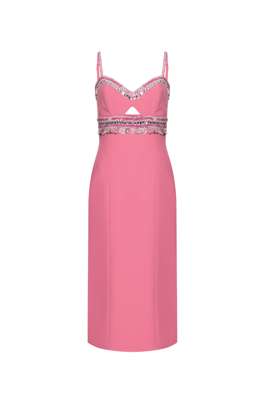 VESTIDO MÍDI BORDADO CREPE JOYFUL ROSA